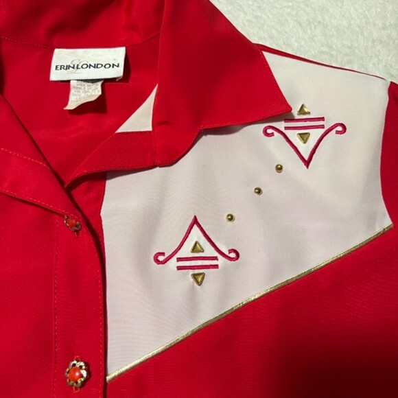 VTG ERIN LONDON Red Button Up Ribbed Hem Short Sleeve Top Size Sm P - Picture 5 of 11